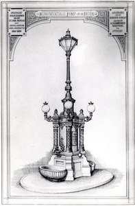 886116 Presentatietekening van de pomp annex straatlantaarn op de Neude te Utrecht. De pomp is ontworpen en aangeboden ...